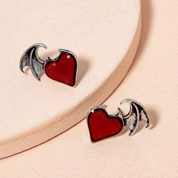 Any 4/$25! Red/Silver Winged Heart Stud Earrings - Picture 2 of 5